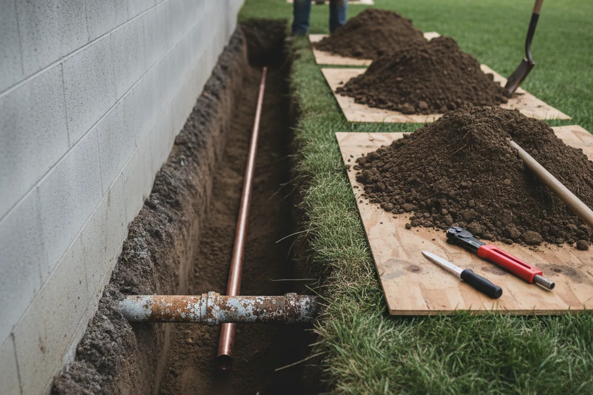 Excavated water line trench during Sewer Line Repair in Robards